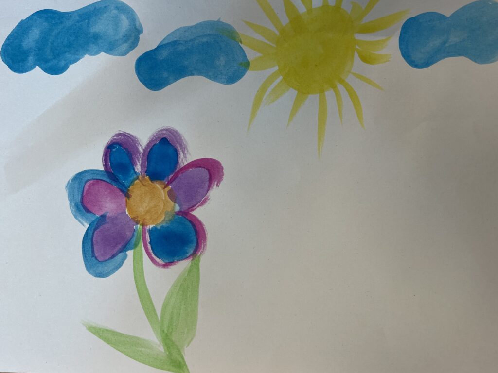 tecknad blå blomma vit bakgrund, blå moln och en gul sol