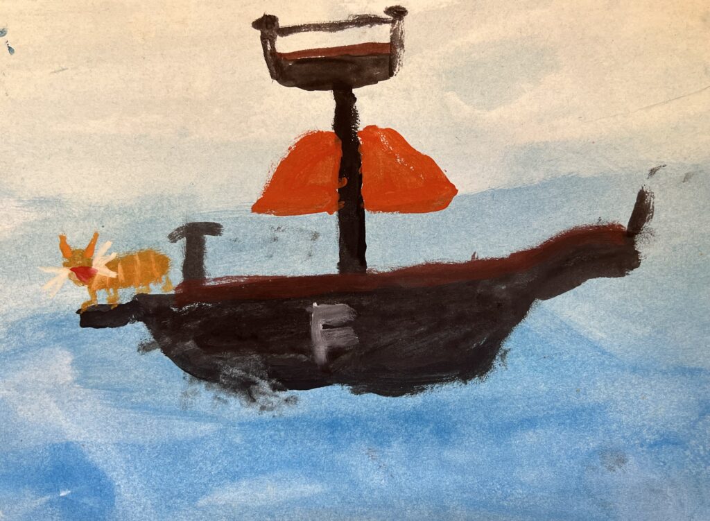 Tecknad båt på ett blått hav med en katt på fören.
